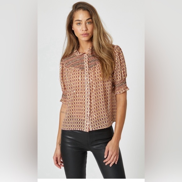 The Shirt by Rochelle Behrens Nicole top in  navy/orange smocking, long sleeve - Picture 8 of 8